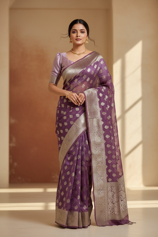 Southloom Cotton Banarasi Silk Saree with Woven Work on Body and Borders (Lavender)