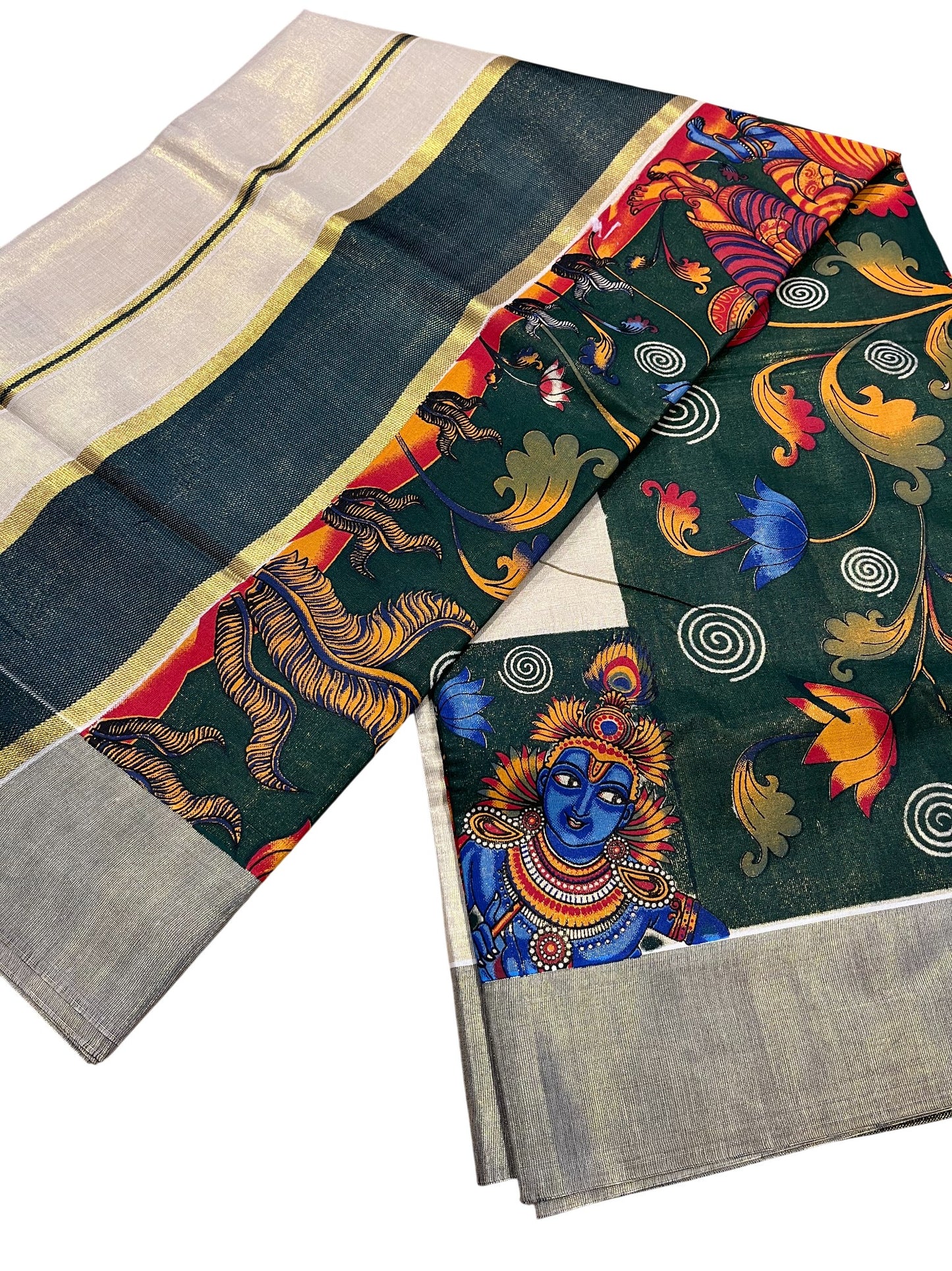 Southloom Kerala Tissue Kasavu Saree with Krishna Mural Printed Art Design and Printed Border