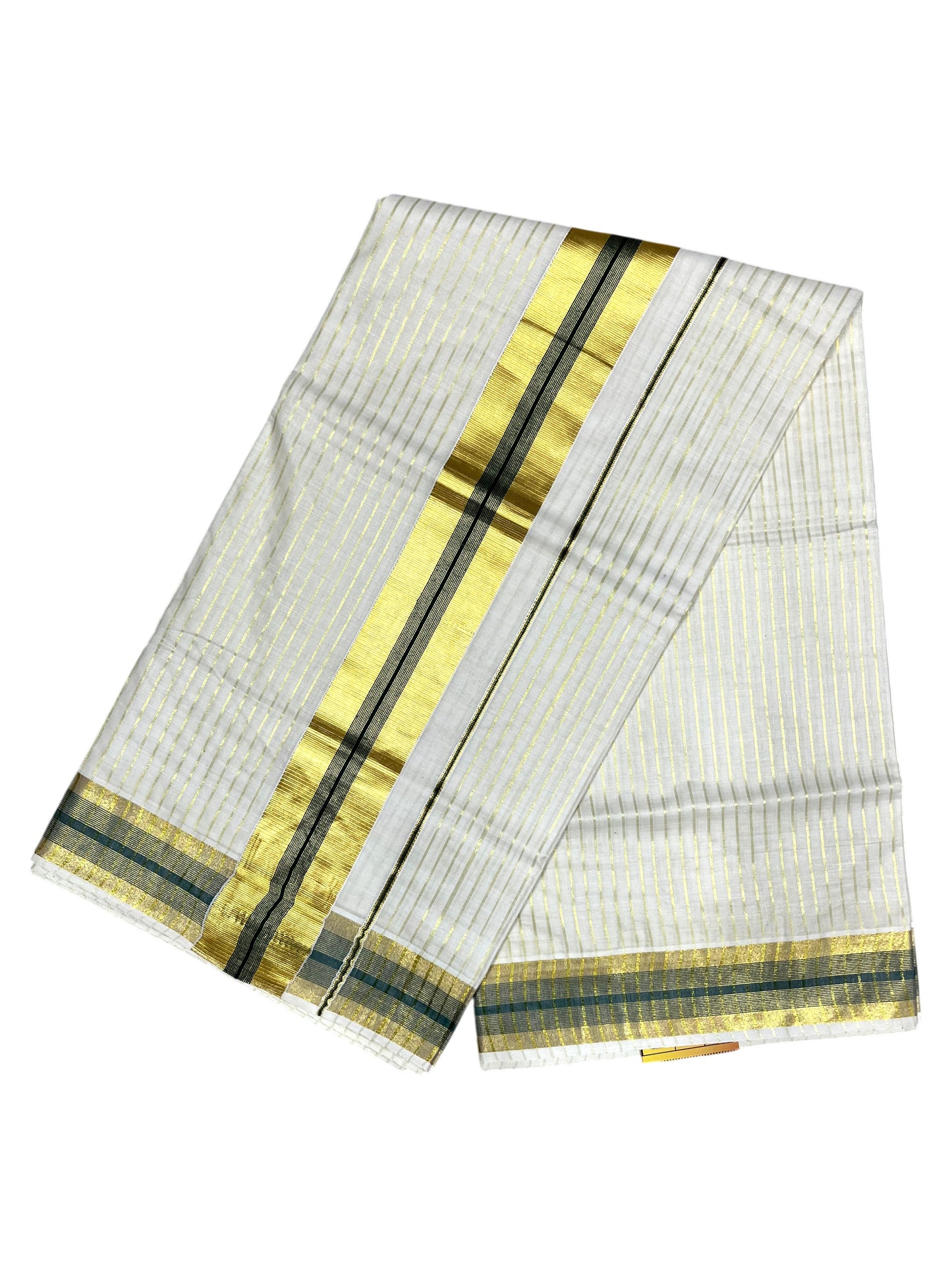 Southloom Pure Cotton Kerala Kasavu Lines Design Saree with Dark Green Border