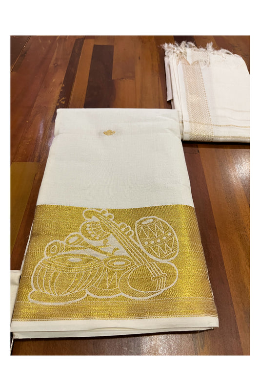 Kerala Cotton Churidar Salwar Material with Kasavu Veena Tabala Woven Designs (include Shawl / Dupatta)