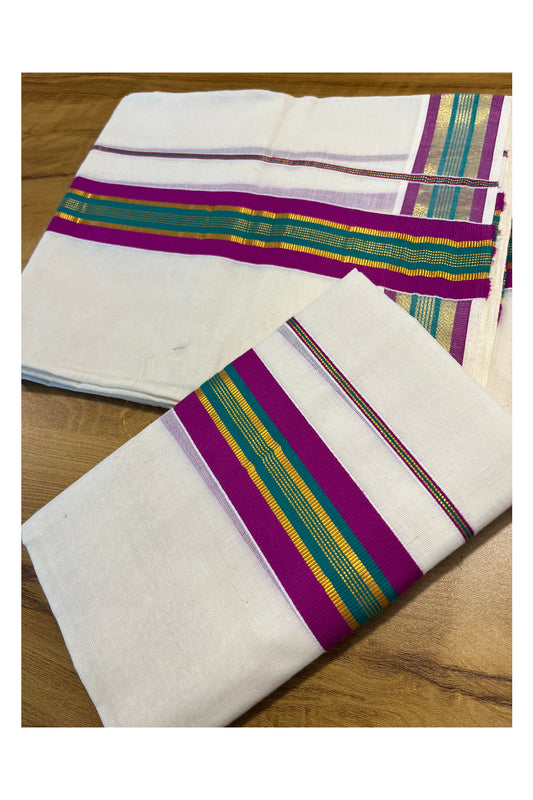 Kerala Cotton Kasavu Set Mundu (Mundum Neriyathum) with Green and Magenta Border