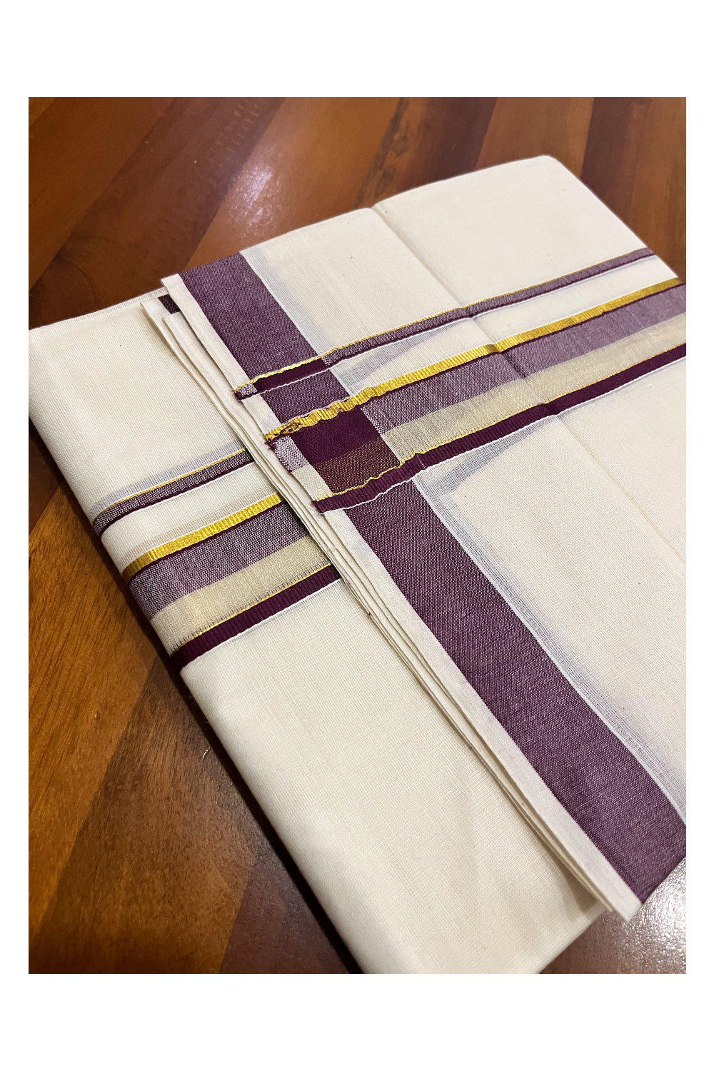 Kerala Pure Cotton Double Mundu with Purple and Kasavu Border (South Indian Kerala Dhoti)