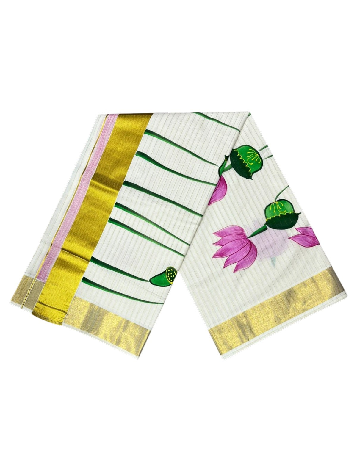 Southloom Cotton Kerala Kasavu Saree with Hand Painted Lotus Design