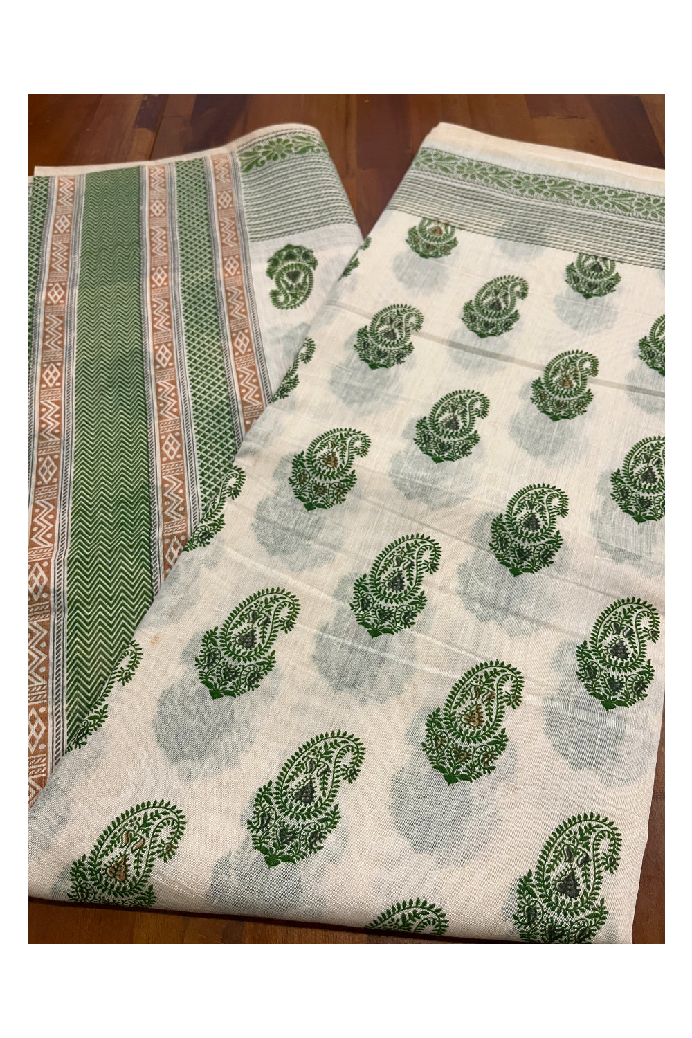 Southloom Cotton Light Brown Saree with Green Paisley Prints