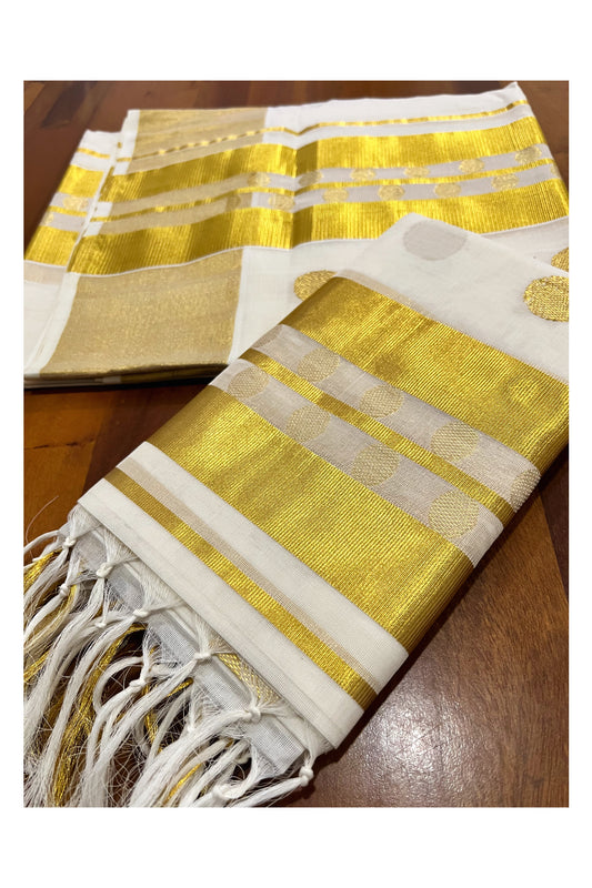 Southloom Handloom Premium Pure Cotton Kasavu Set Mundu (Mundum Neriyathum) with Polka Woven Designs