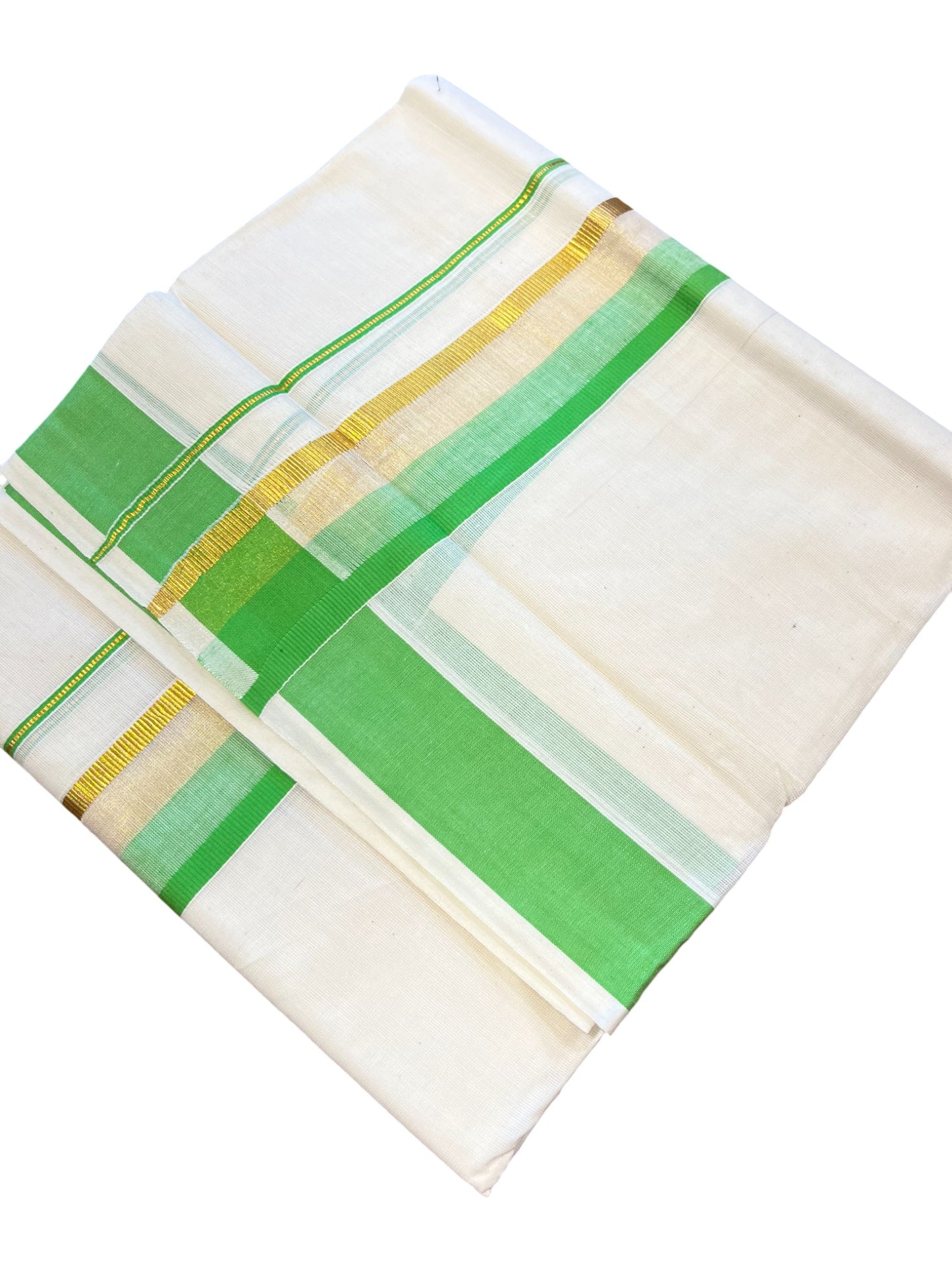 Southloom Kerala Pure Cotton Double Mundu with Gold Lines & Green Border (South Indian Dhoti)