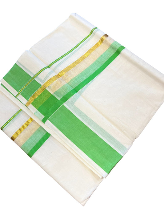 Southloom Kerala Pure Cotton Double Mundu with Gold Lines & Green Border (South Indian Dhoti)