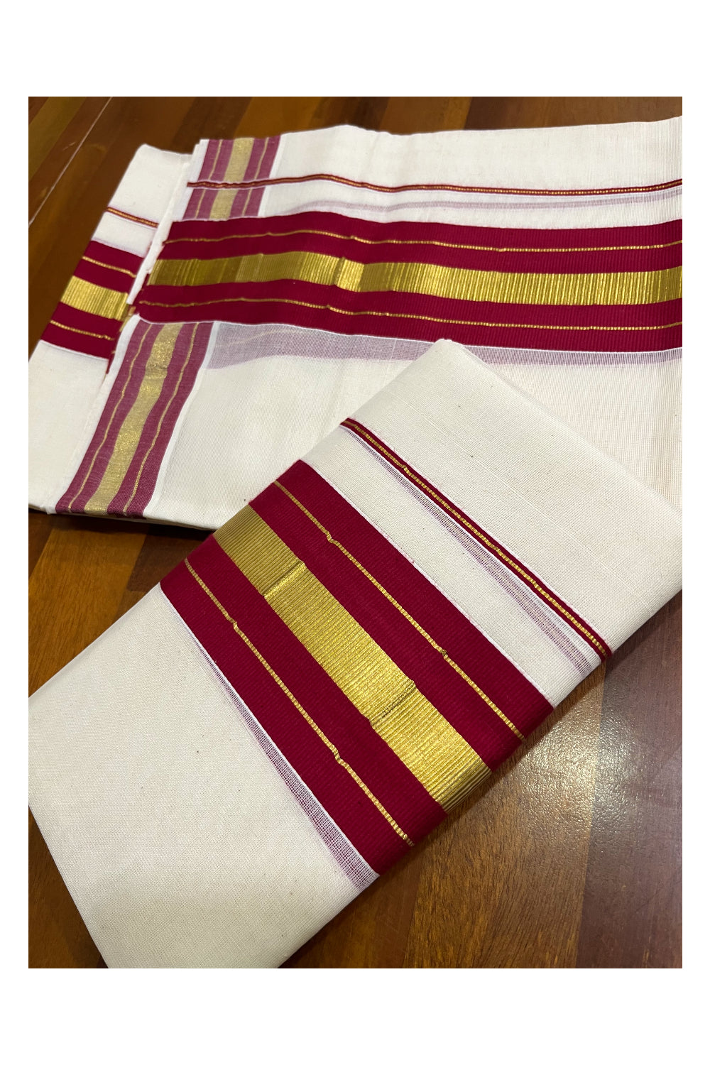 Kerala Cotton Set Mundu (Mundum Neriyathum) with Maroon and Kasavu Border 2.80 Mtrs