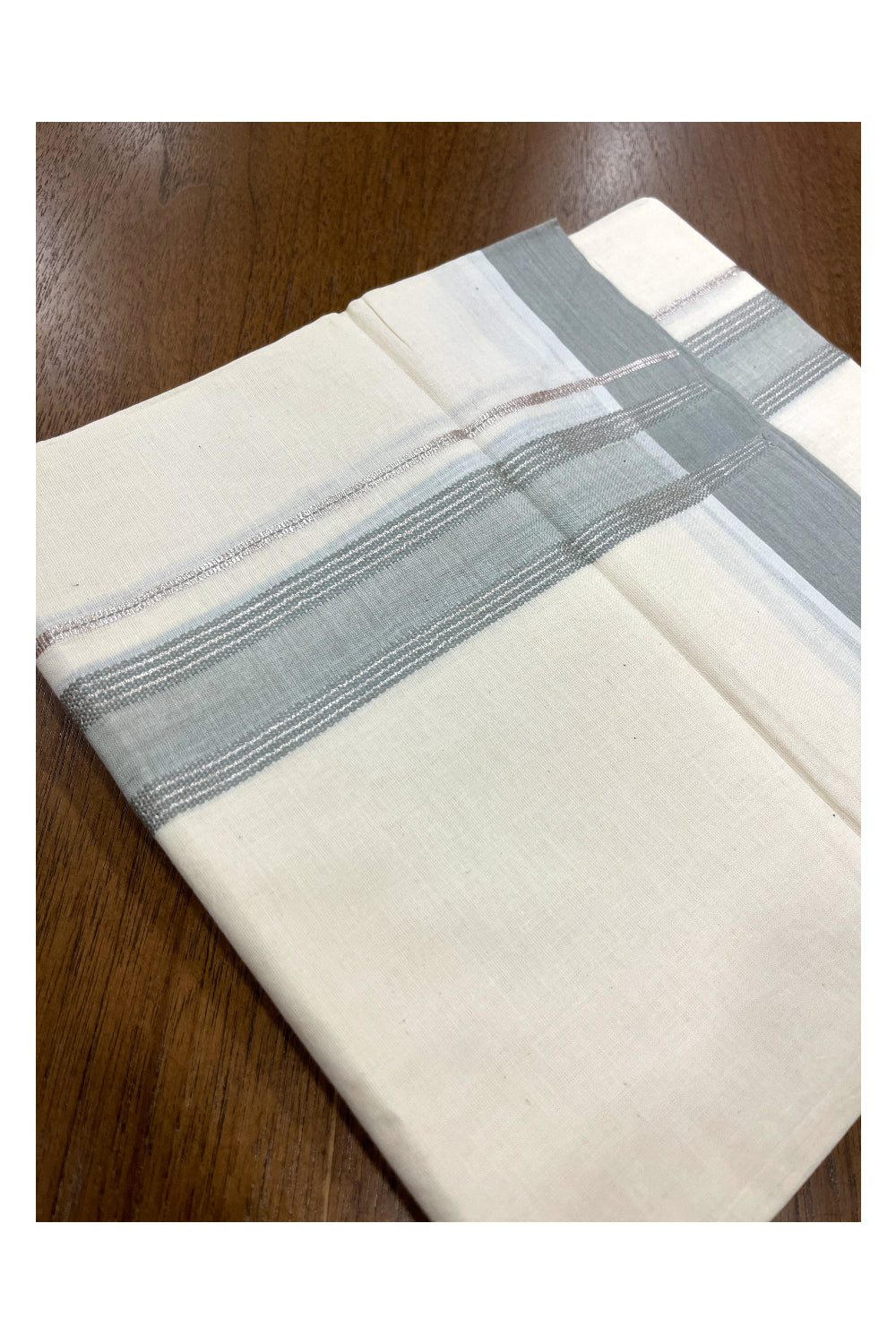 Pure Cotton Double Mundu with Silver Kasavu and Grey Border (South Indian Kerala Dhoti)