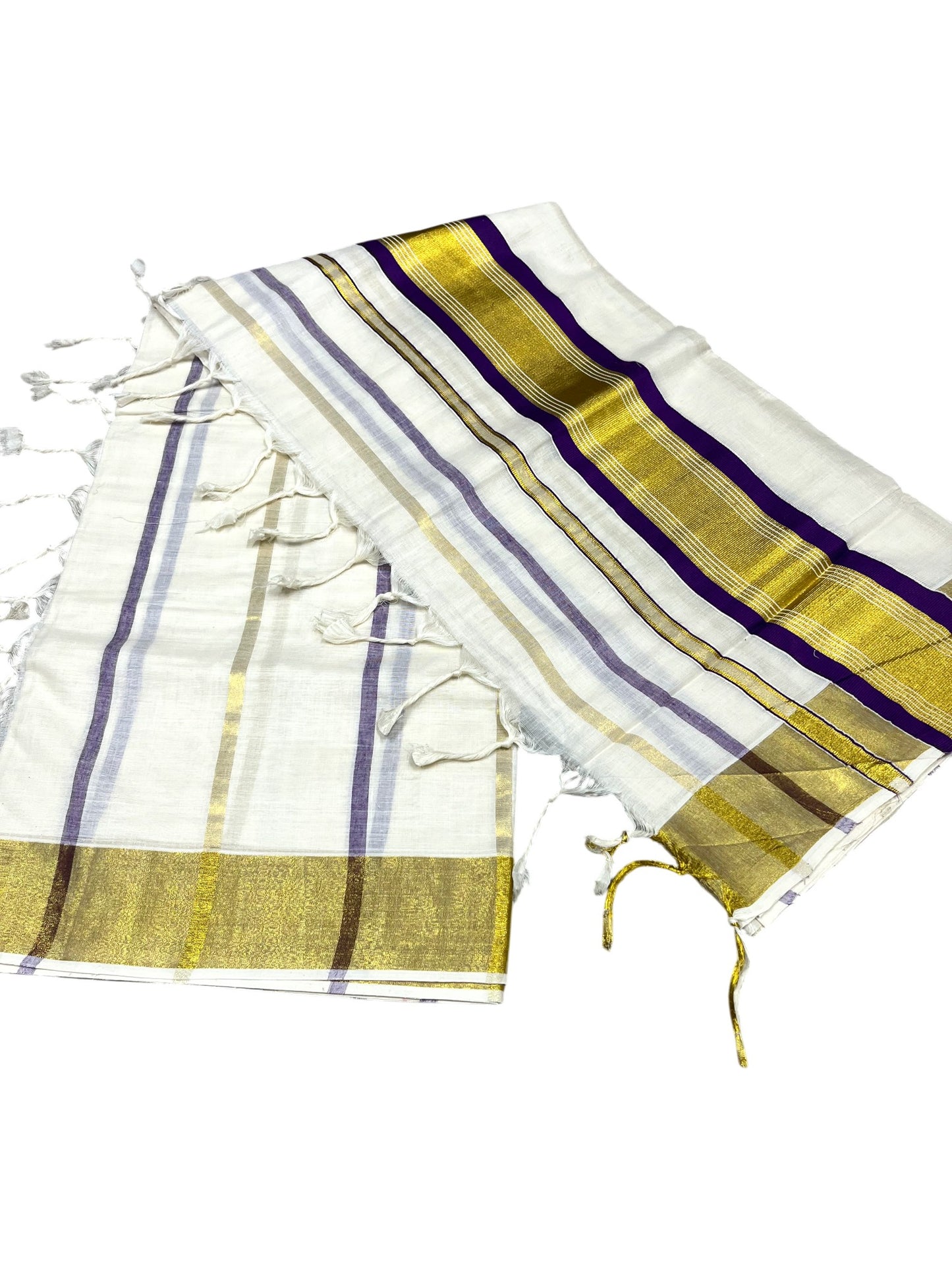 Southloom Kerala Cotton Kasavu Saree with Gold And Violet Lines on Body
