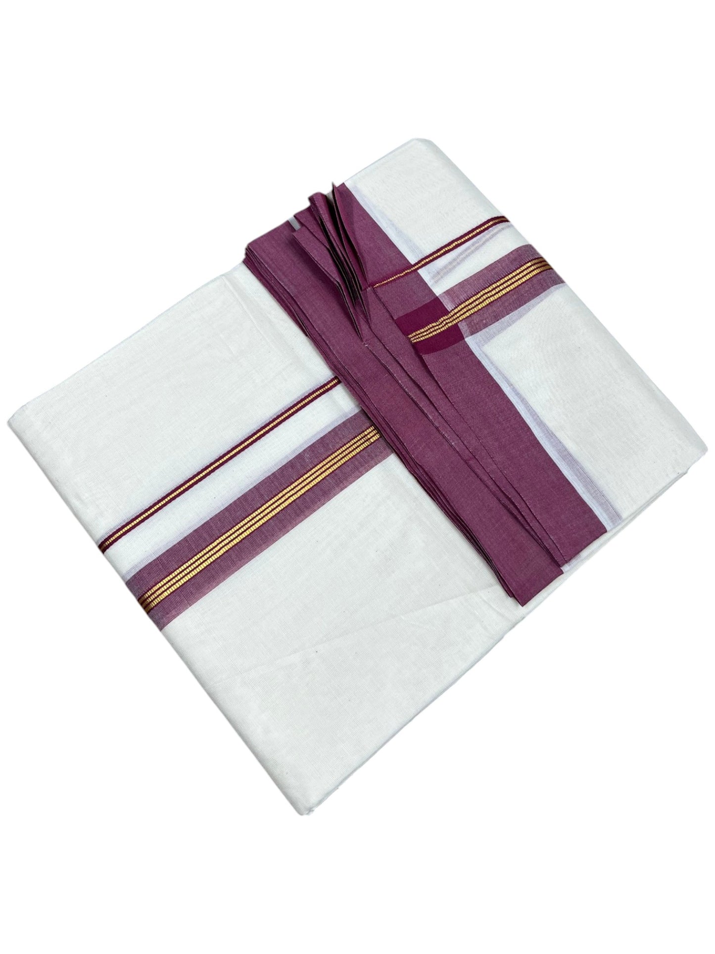 Southloom Pure Cotton Mundu with Gold Lines and Maroon Border (South Indian Kerala Dhoti)