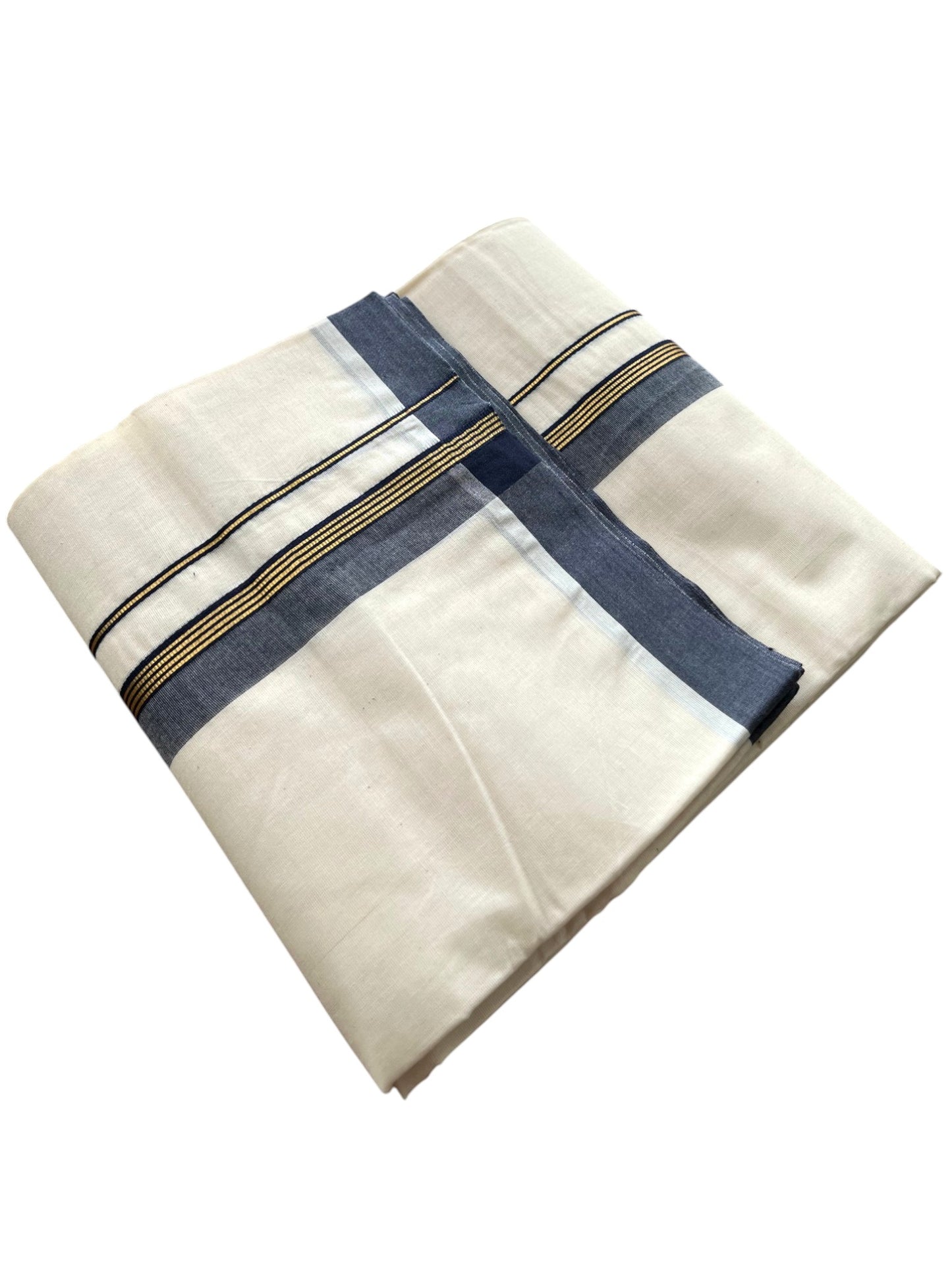 Southloom Pure Cotton Mundu with Golden Lines and Blue Border (South Indian Kerala Dhoti)