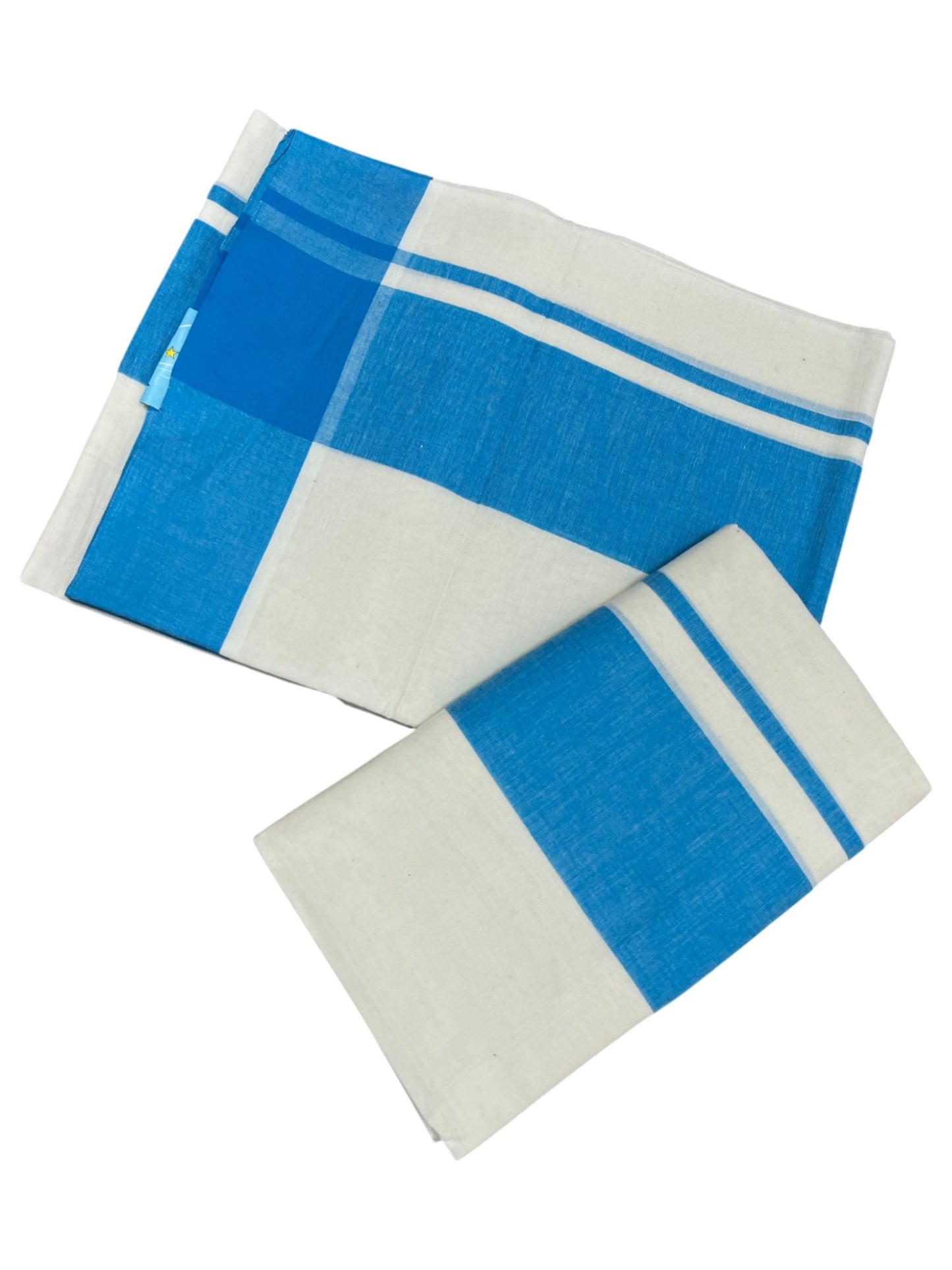 Southloom Pure Cotton Kerala Single Mulloth Set Mundu (Mundum Neriyathum) Blue Border in 2.80 mtrs SL243