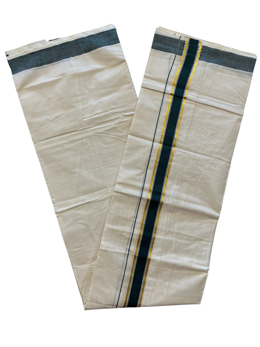 Southloom Pure Cotton Mundu with Gold Kasavu and Dark Green Colour Border (South Indian Kerala Dhoti)
