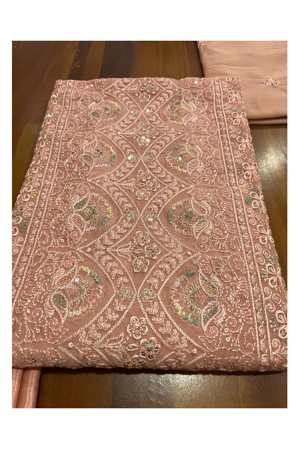 Southloom™ Semi Tussar Pink Churidar Salwar Suit Material with Thread Work and Sequins Designs