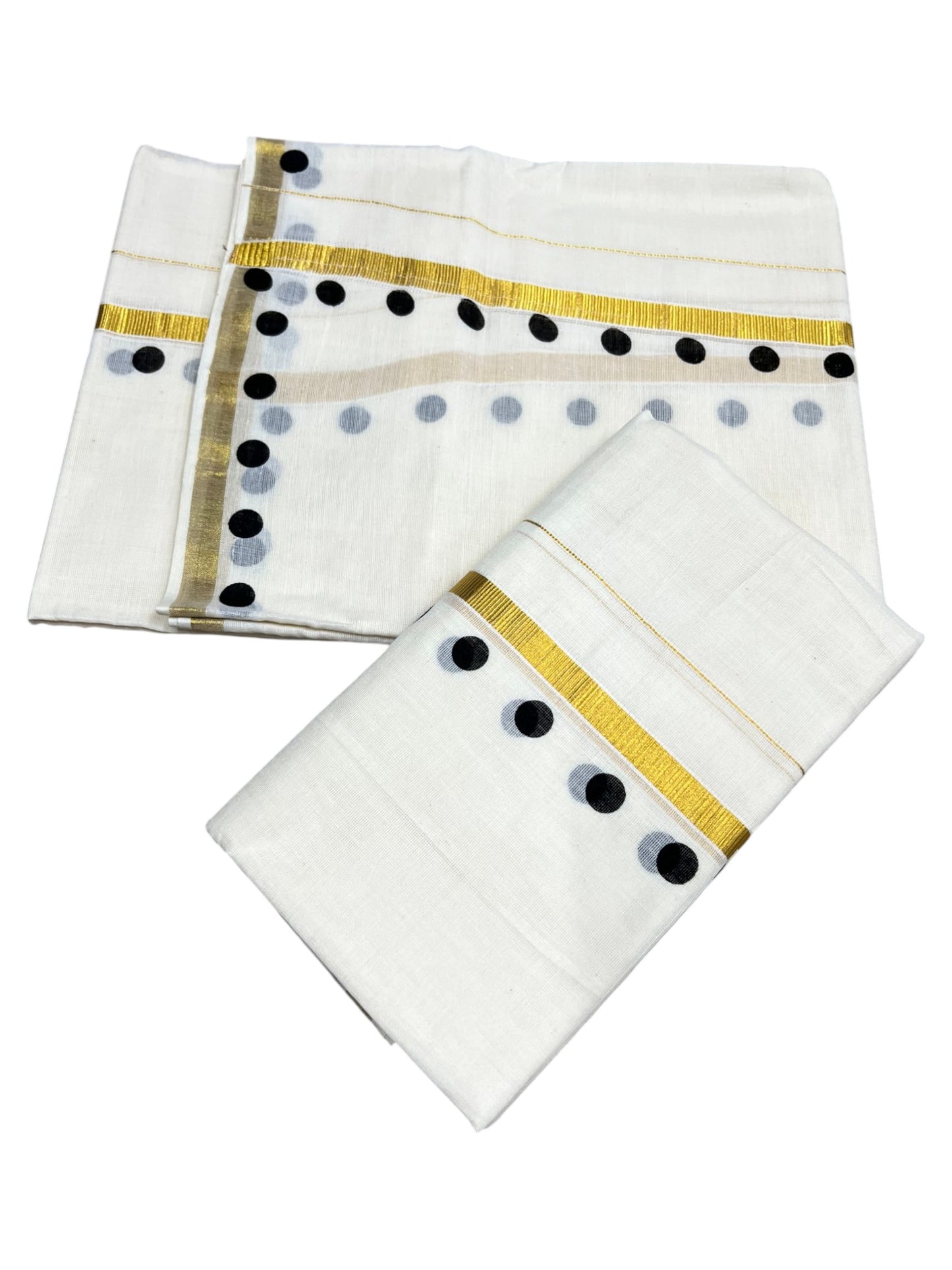 Southloom Pure Cotton Kerala Single Set Mundu (Mundum Neriyathum) with Polka Dots in Black 2.80 Mtrs