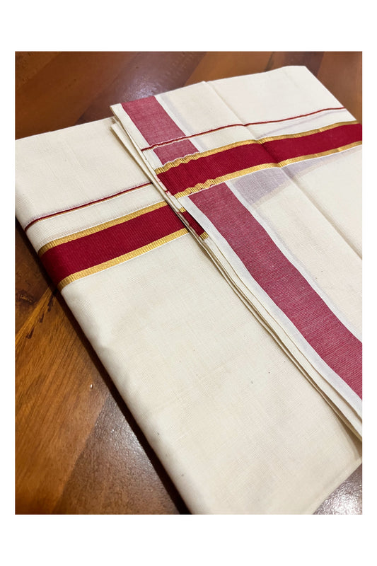 Pure Cotton Mundu with Maroon and Kasavu Border (South Indian Kerala Dhoti)