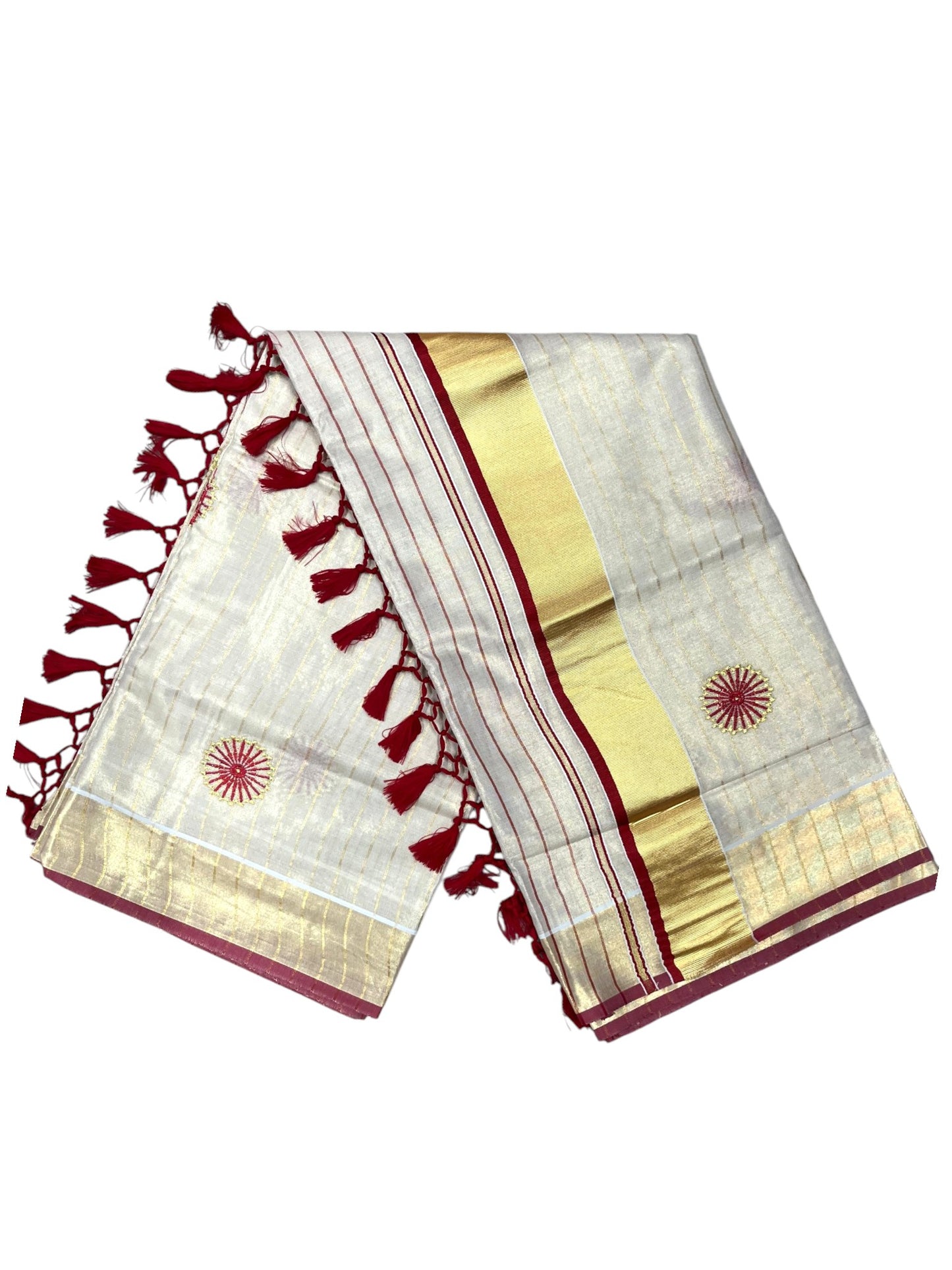 Southloom Kerala Tissue Kasavu Lines Saree with Embroidery Work on Body in Red
