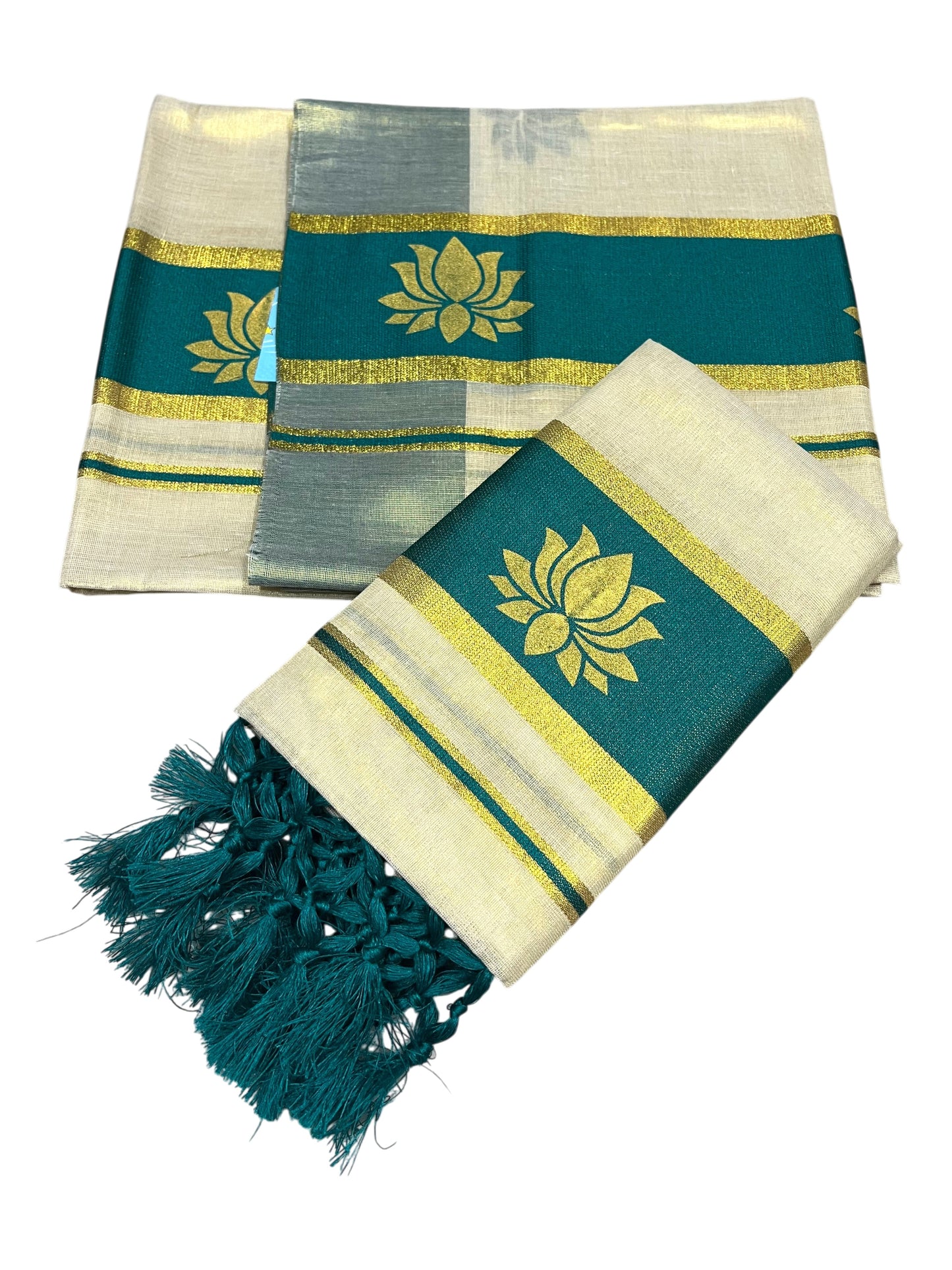 Southloom Kerala Cotton Kasavu Single Set Mundu (Mundum Neriyathum) with Lotus Design in Peacock Green