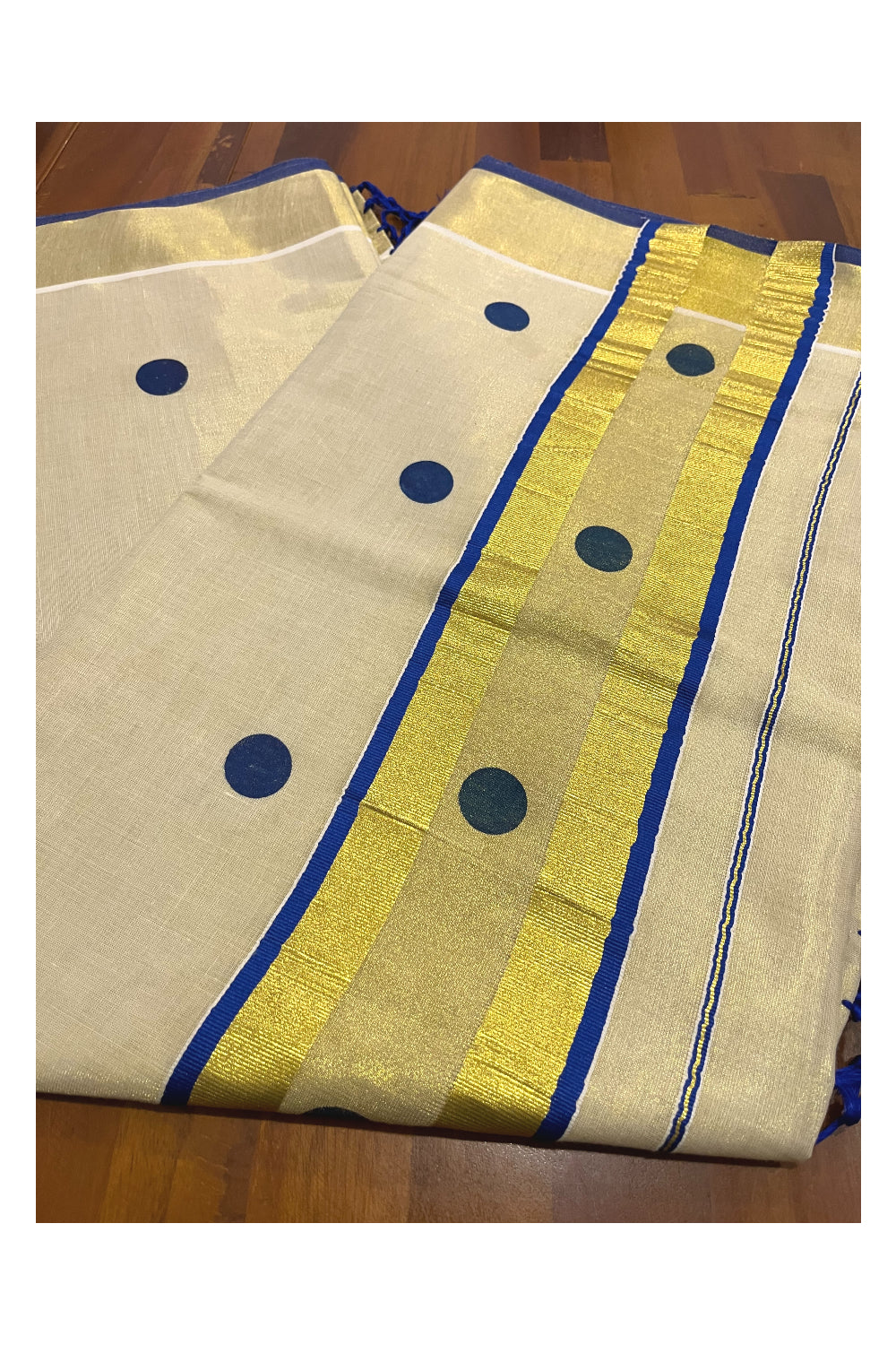 Kerala Tissue Kasavu Saree with Blue Polka Block Prints on Body and Tassels Works