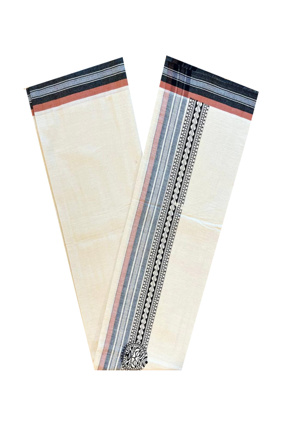 Southloom Off White And Black Brown Printed Single Mundu / Otta Mundu / Lungi (South Indian Kerala Dhoti)