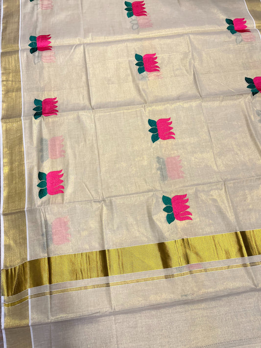 Southloom Lotus Pink and Green Embroidery Tissue Kerala Saree