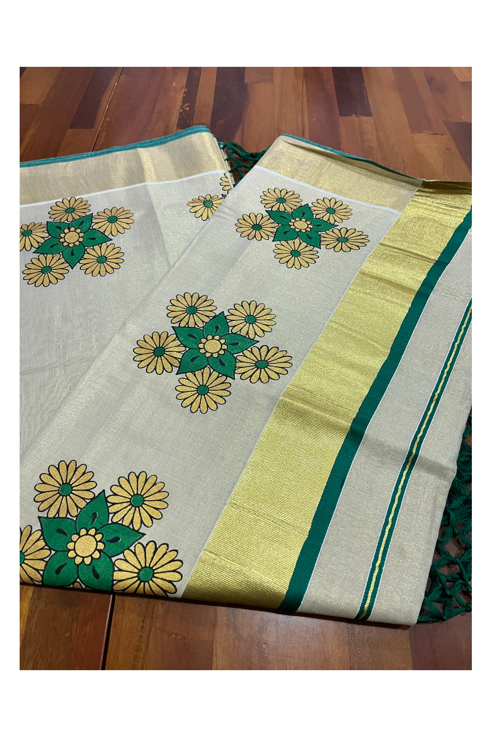 Kerala Tissue Kasavu Saree with Mural Floral Printed Design and Green Border