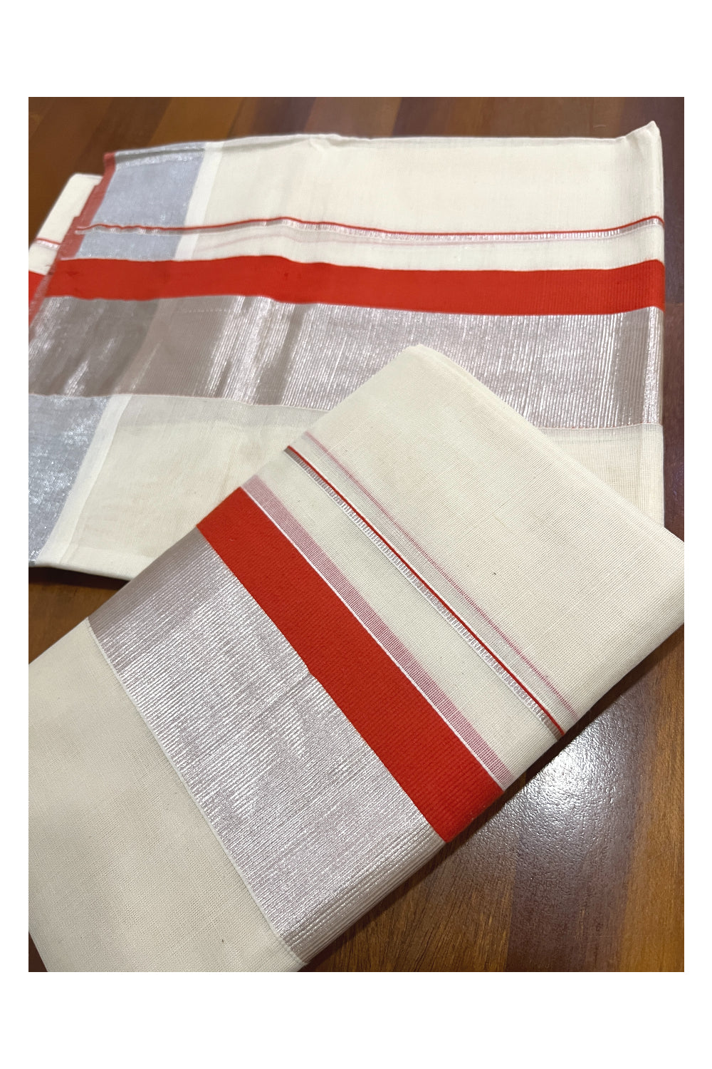 Cotton Set Mundu (Mundum Neriyathum) with Orange and Silver Kasavu Border 2.80 Mtrs