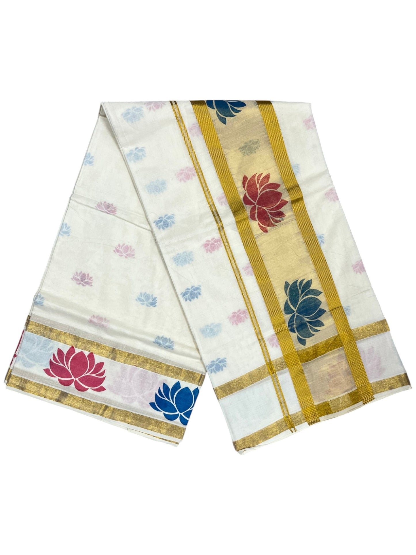 Southloom Cotton Kerala Kasavu Saree with Lotus Block Prints on Body and Border in Blue and pink