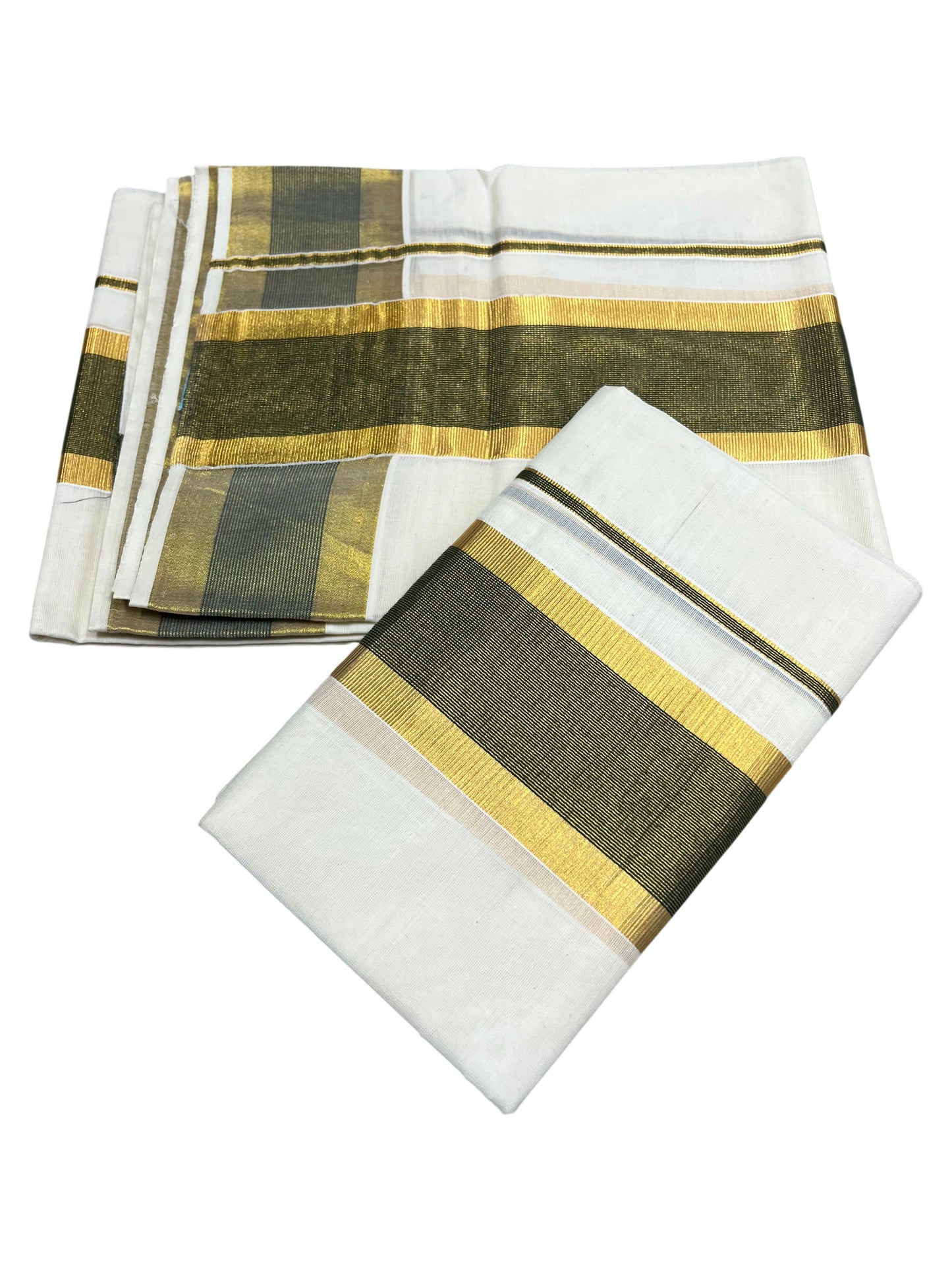 Southloom Pure Cotton Kerala Single Set Mundu (Mundum Neriyathum) with  Green and Kasavu Border 2.80 Mtrs SLKK