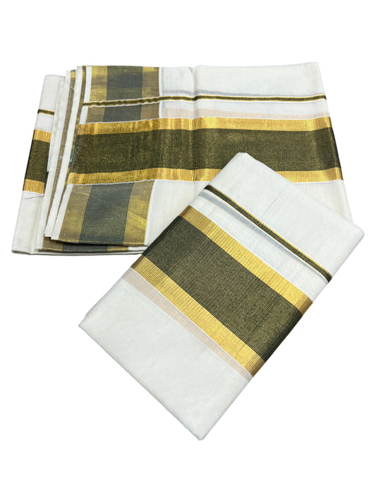 Southloom Pure Cotton Kerala Single Set Mundu (Mundum Neriyathum) with  Green and Kasavu Border 2.80 Mtrs SLKK