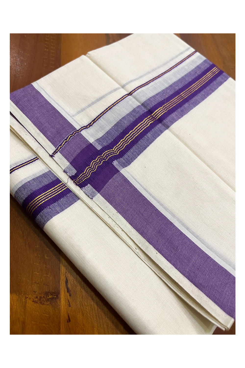 Kerala Pure Cotton Double Mundu with Kasavu and Violet Border (South Indian Kerala Dhoti)