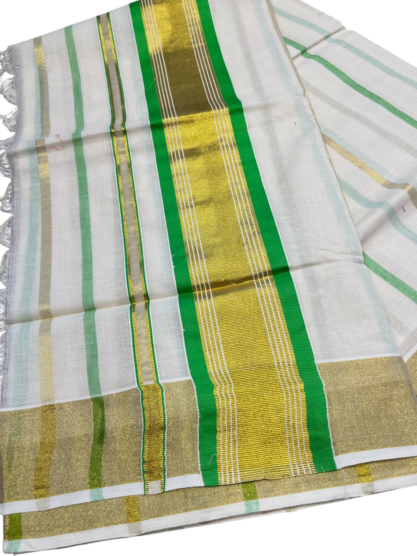Southloom Kerala Cotton Kasavu Saree with Gold And Green Lines on Body