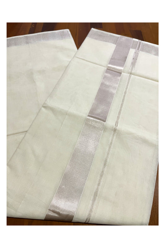 Southloom™ Handloom Pure Cotton Plain Saree with 2 inch Silver Kasavu Border