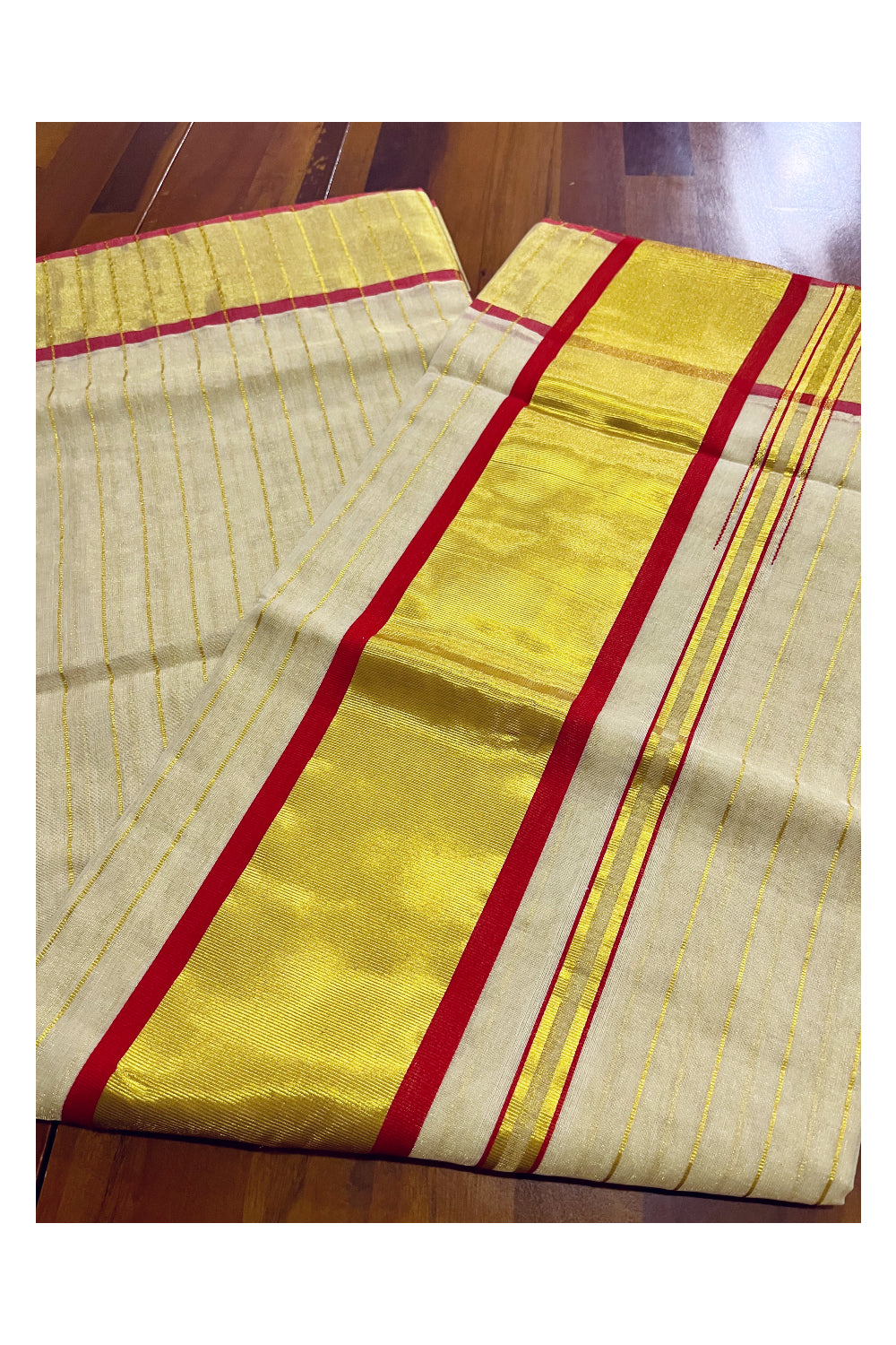 Southloom™ Premium Handloom Tissue Saree with Kasavu Lines Designs Across Body and Orangish Red Border