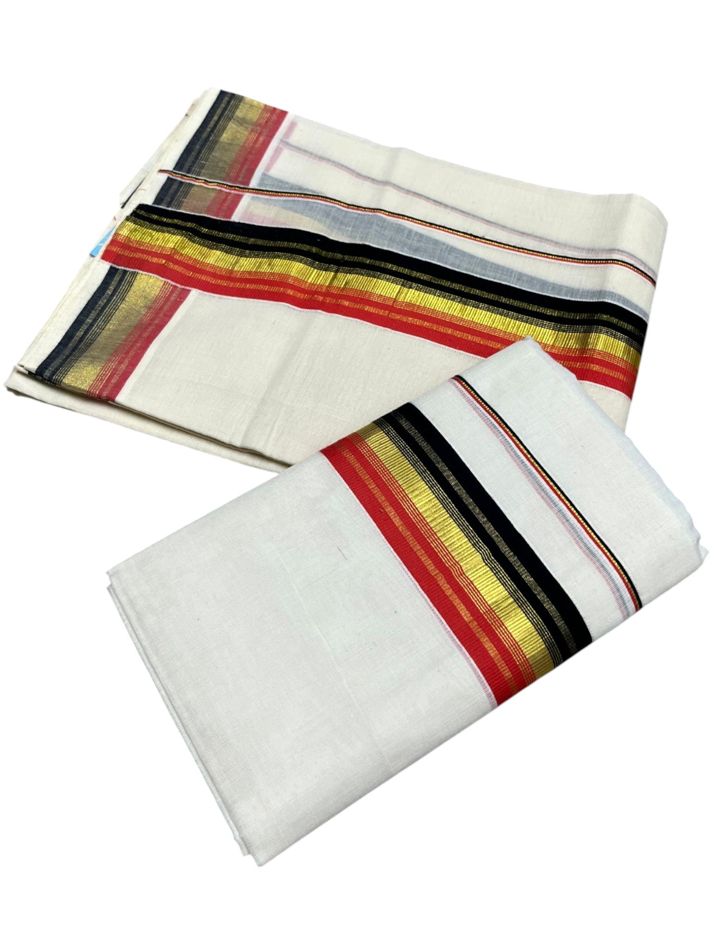 Southloom Kerala Cotton Kasavu Single Set Mundu (Mundum Neriyathum) with Black and Orange Kasavu Border SLKK SL480