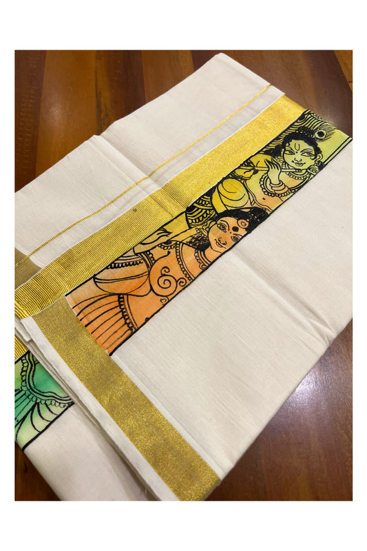 Kerala Pure Cotton Double Mundu with Krishna Mural Hand Painted Design on Kasavu Border (South Indian Kerala Dhoti)