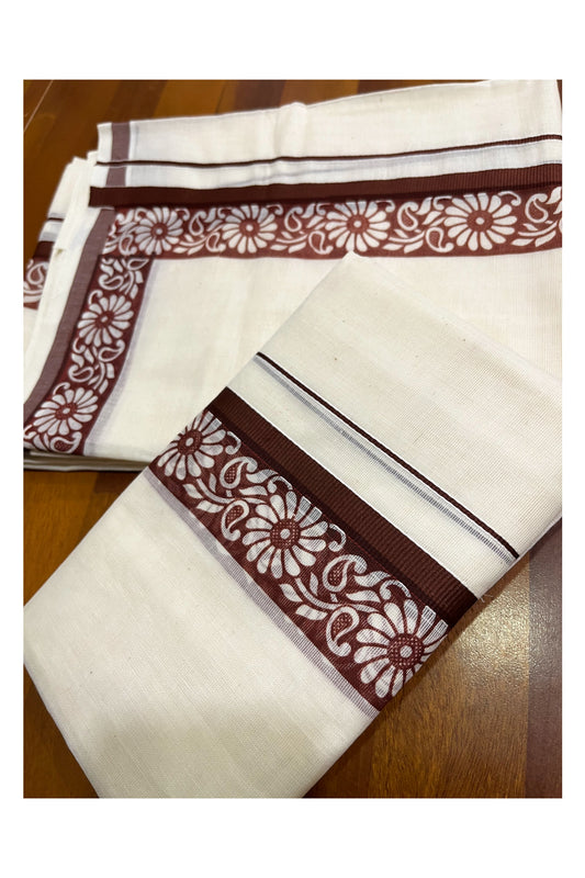 Kerala Cotton Kasavu Single Set Mundu (Mundum Neriyathum) with Brown Kara and  Block prints (Onam 2024 Collection)