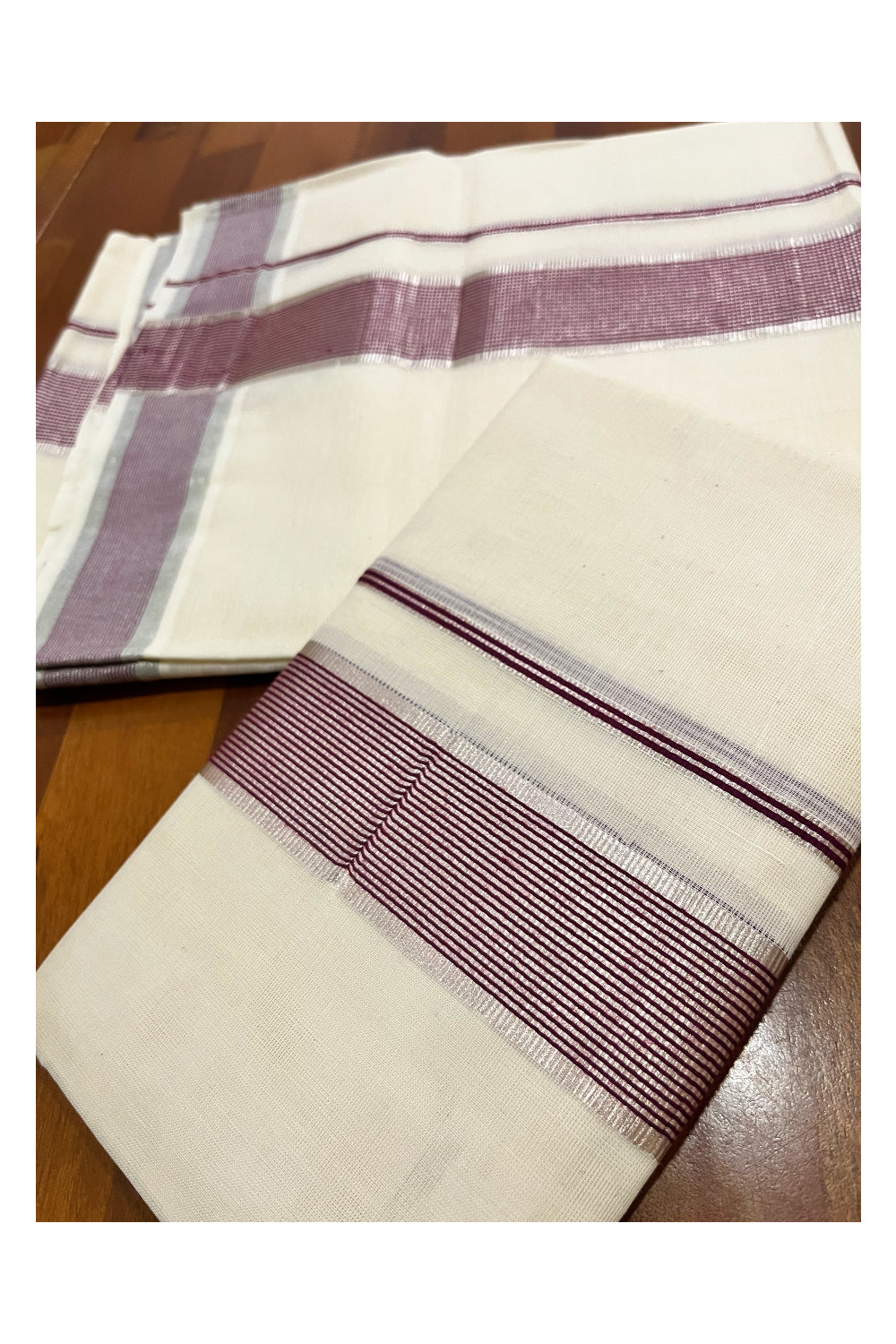 Kerala Cotton Single Set Mundu (Mundum Neriyathum) with Silver Kasavu and Maroon Border 2.80 Mtrs