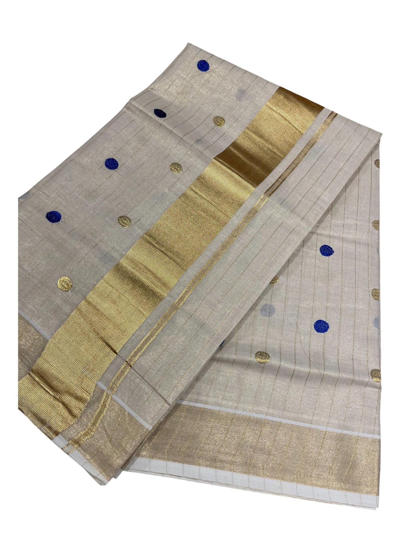 Southloom Kerala Tissue Kasavu Saree with Gold& Blue Polka Embroidery Works on Body