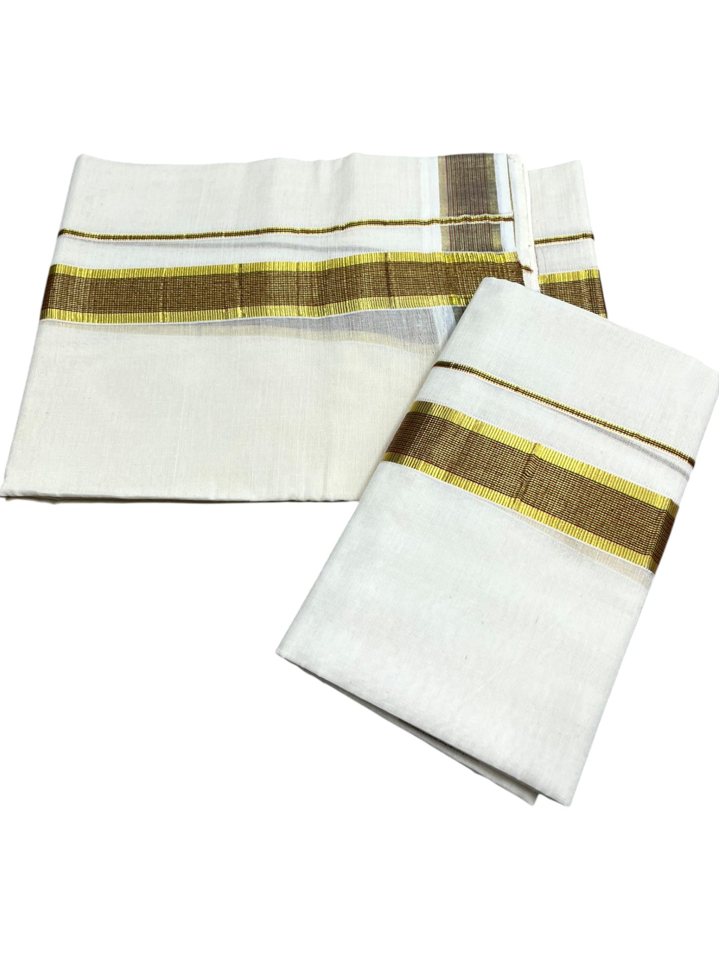 Kerala Cotton Set Mundu (Mundum Neriyathum) with Kasavu and Red & Olive Green Lines Border 2.80 Mtrs SLKK SL470