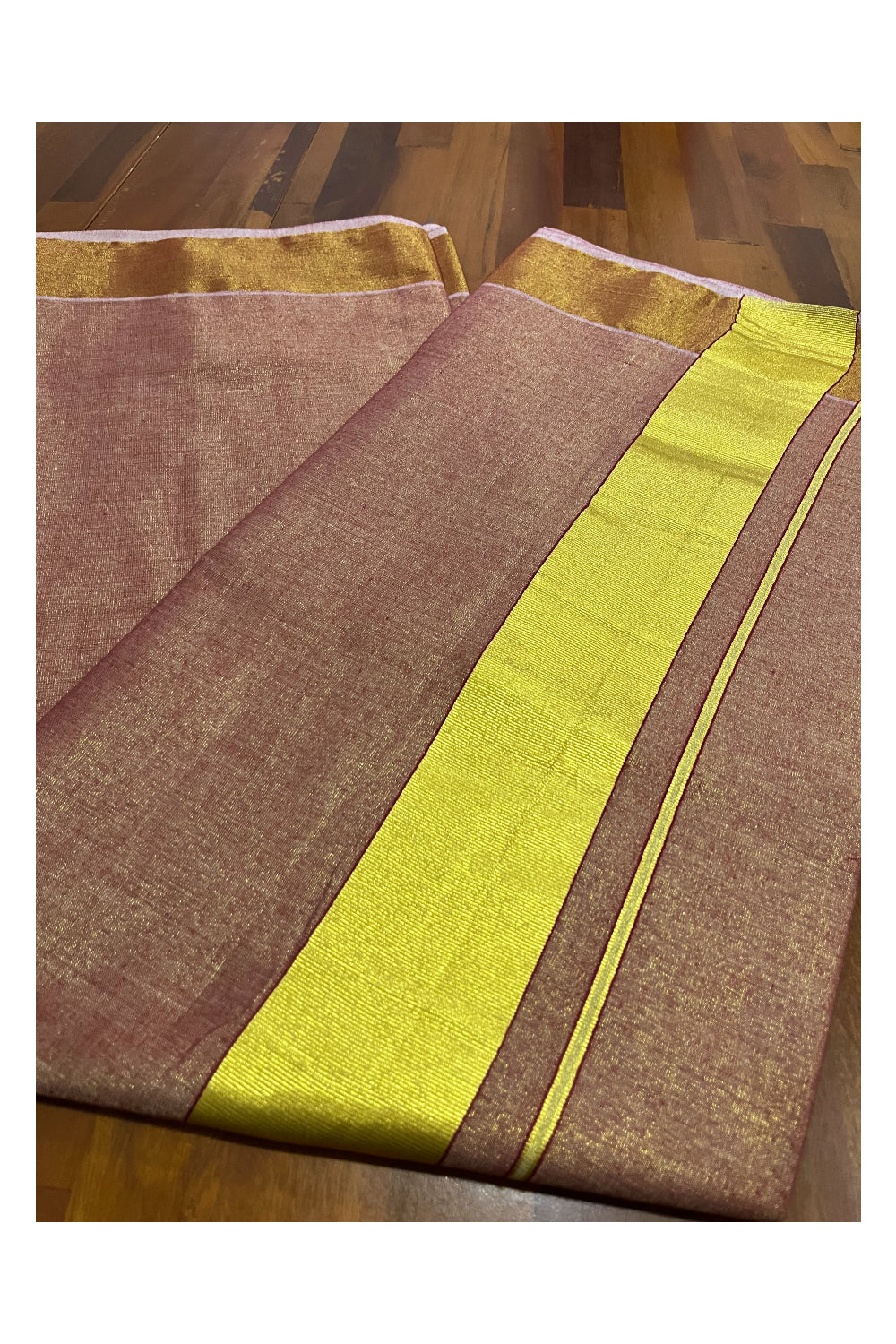 Kerala Plain Red Tissue Kasavu Saree with 3 inch Kasavu Border and Pallu