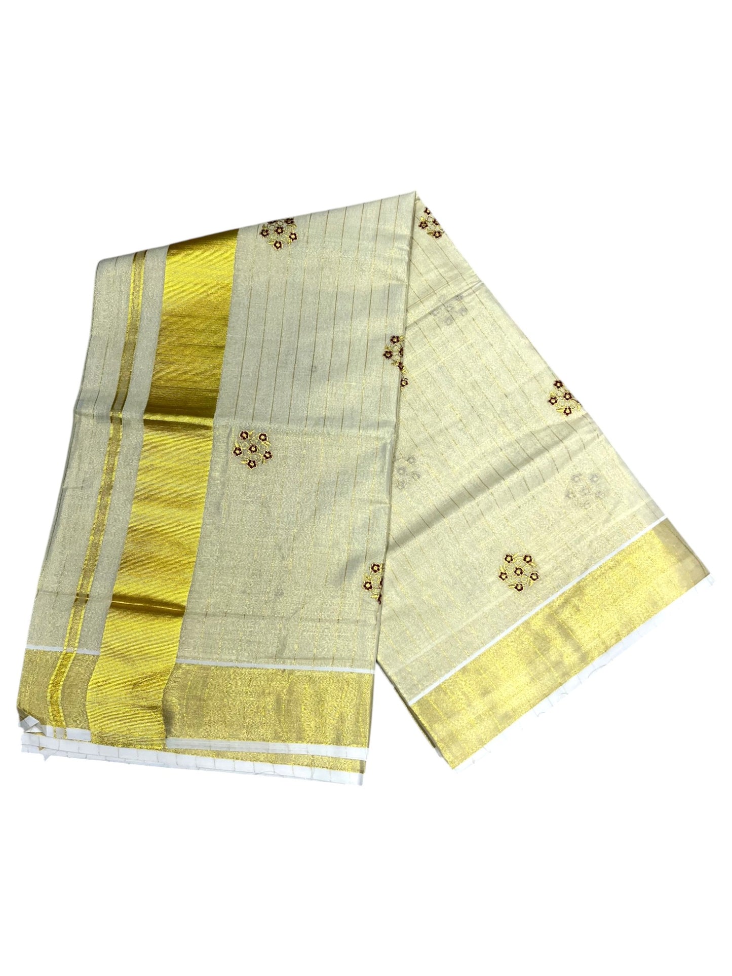 Southloom Kerala Tissue Kasavu Lines Saree with Maroon Floral Embroidery Design on Body