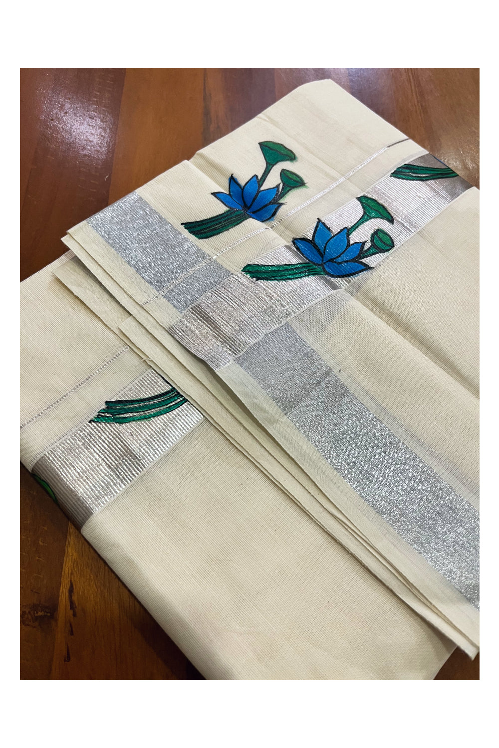 Pure Cotton Kerala Double Mundu with Silver Kasavu Hand Painted Design Border (South Indian Kerala Dhoti)