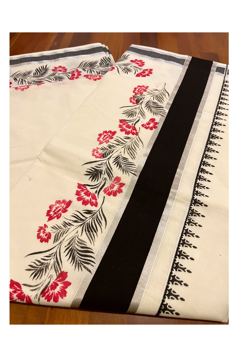 Pure Cotton Kerala Saree with Red Black Floral Block Prints and Silver Black Border