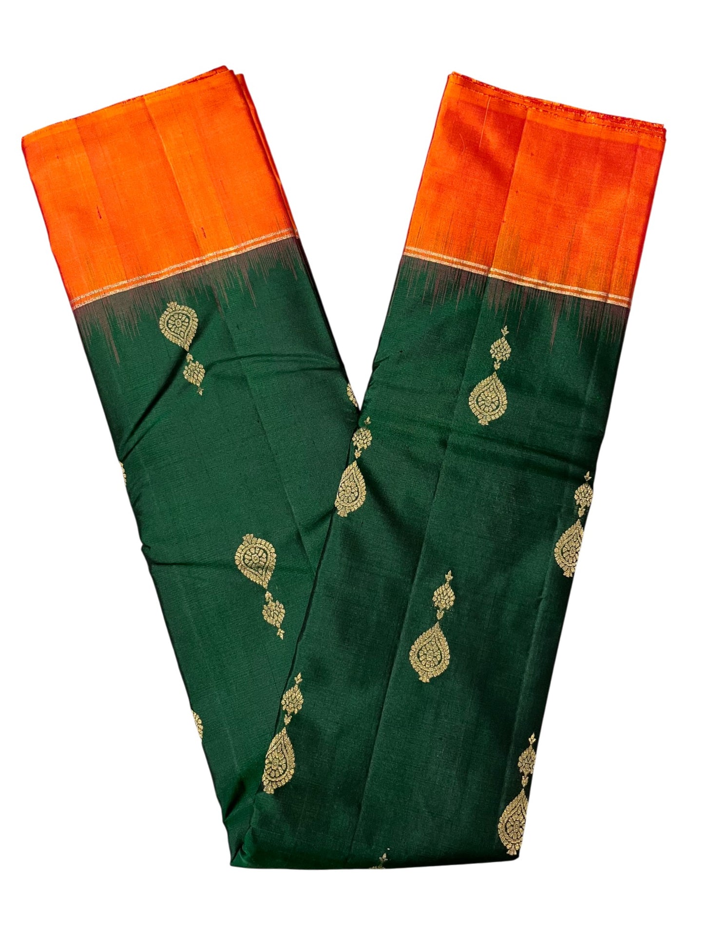 Southloom Pure Handloom Bridal Kanchipuram Silk Saree with Korvai Work (Orange & Green)