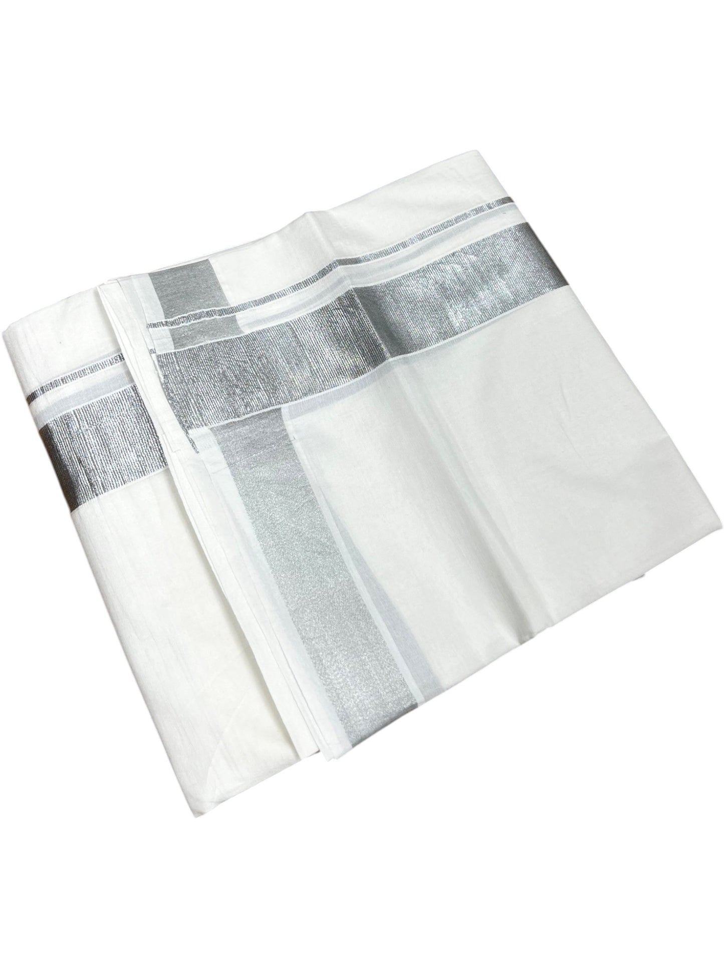 Southloom Kerala Pure White Cotton Double Mundu with Silver Line Border (South Indian Dhoti)
