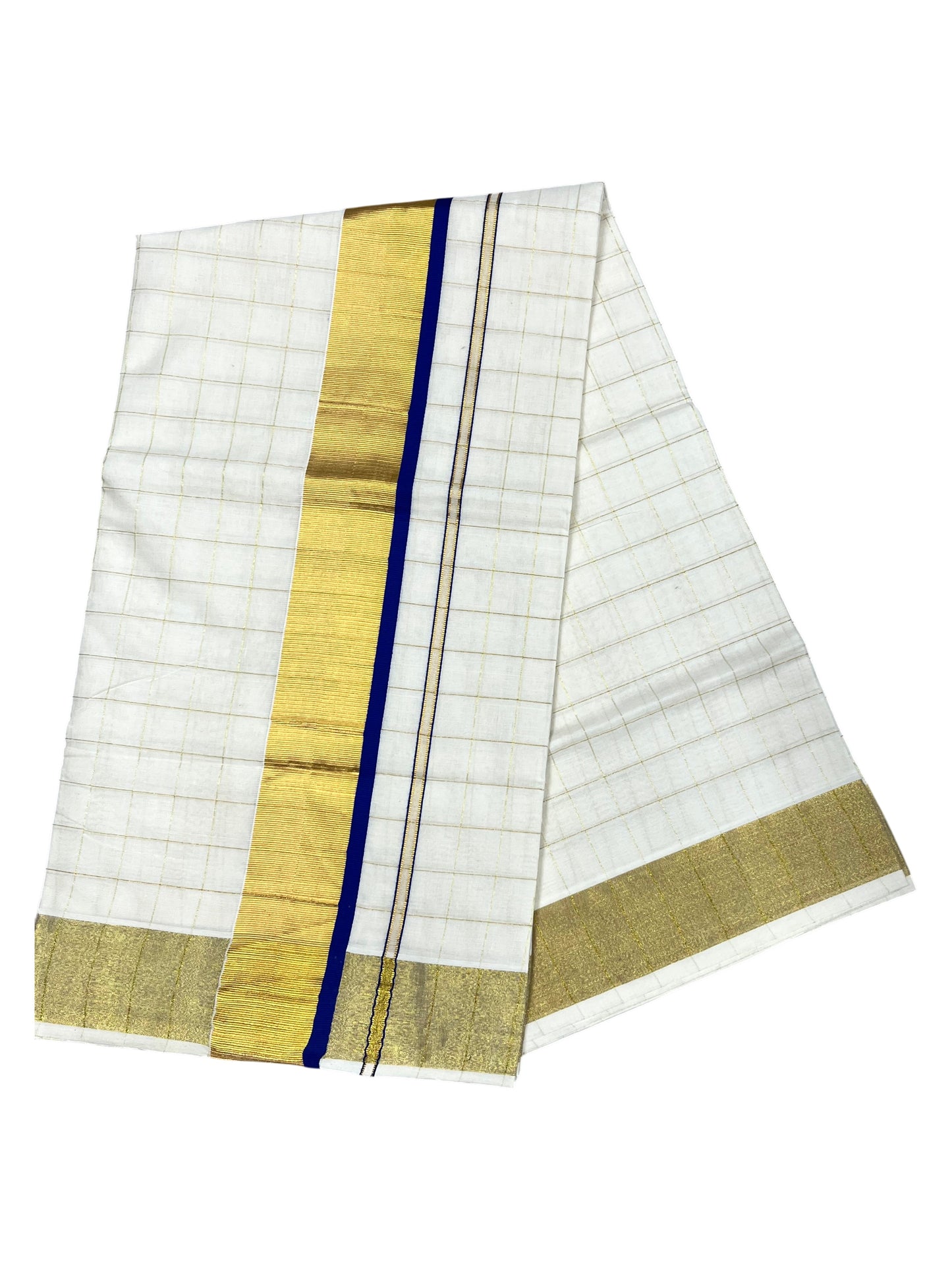 Southloom Pure Cotton  Kerala  Kasavu Woven Check Saree with Blue Border