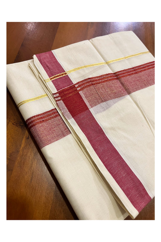 Off White Kerala Cotton Double Mundu with Kasavu and Maroon Border (South Indian Kerala Dhoti)