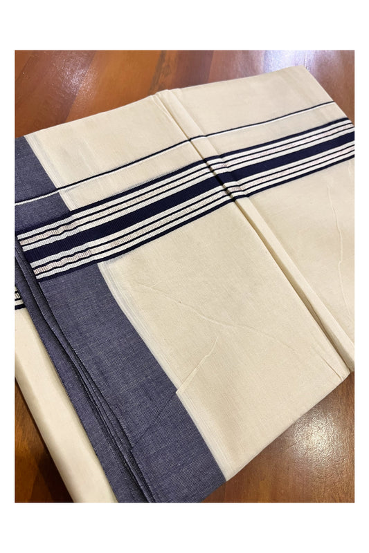 Kerala Pure Cotton Double Mundu with Silver Kasavu and Navy Blue Border (Vishu 2024 Collection)